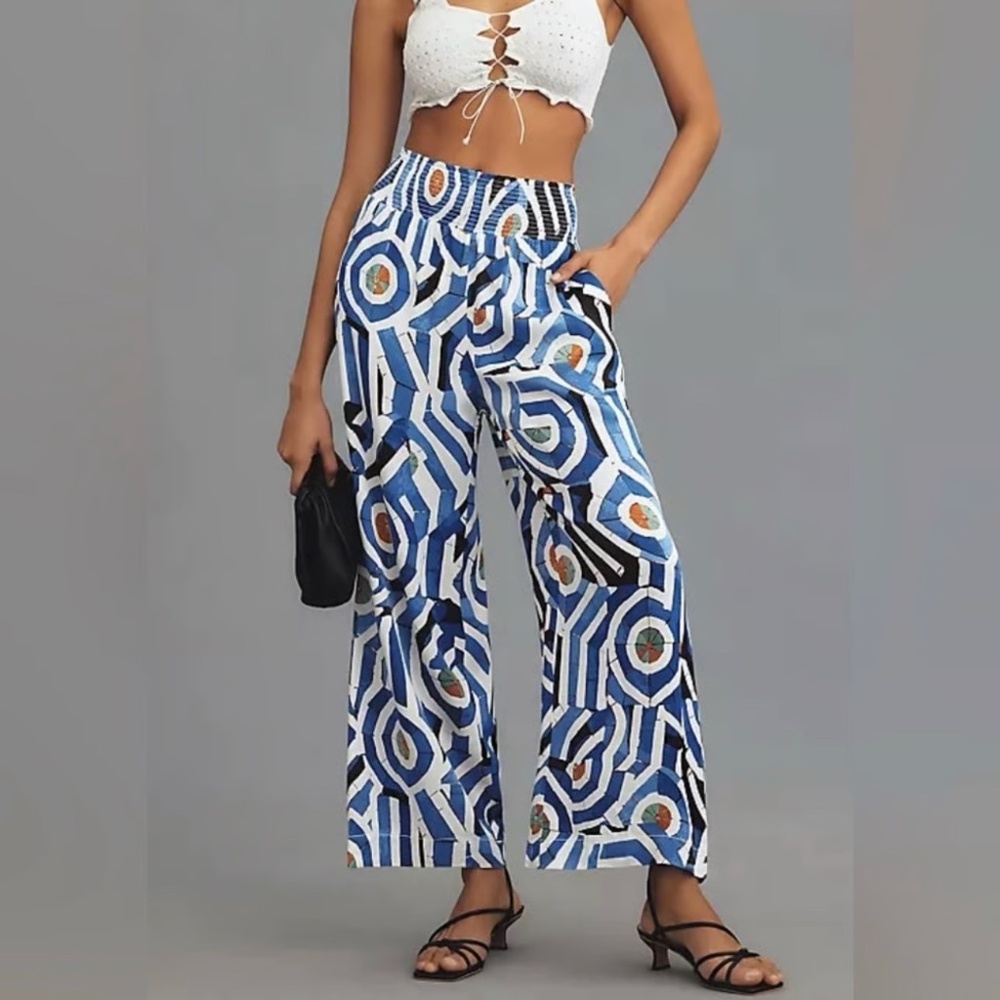 Anthropologie Maeve Saria Smocked Wide Leg Pants Blue Geometric Print Size S